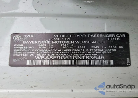 2016 BMW 328 I Sulev z USA, uszkodzony, nr VIN WBA8E9G51GNT83645